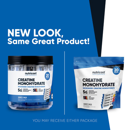 Nutricost Creatine Monohydrate Powder Variety Stickpacks (5 Flavors, 20 Servings) - Micronized, 5 Grams of Creatine Monohydrate Per Pack