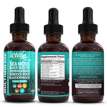 Clean Nutra Organic Sea Moss Drops Supplement | Black Seed Oil Irish Seamoss Ashwagandha Burdock Root & Bladderwrack - Multimineral Liquid Vegan