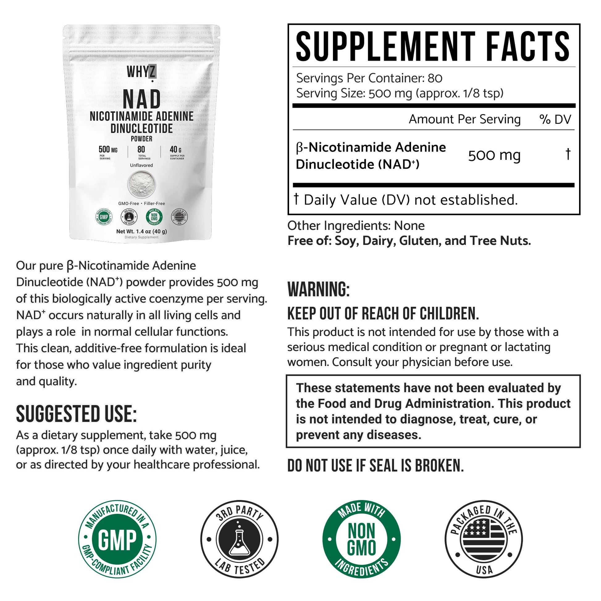 Pure NAD Powder Nicotinamide Adenine Dinucleotide Supplement Unflavored and Gluten-Free Premium Pure NAD Powder for Daily Wellness and Nutrition Support, 40g WHYZBuy Supplements Australia