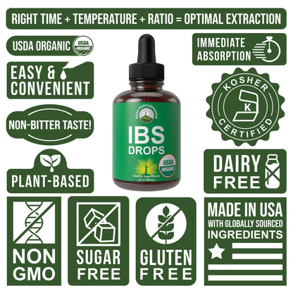 USDA Organic IBS Relief 5-in-1 Liquid Drops. for Ingestion, Bloating, Gas. Irritable Bowel Supplement with 5 Organic Ingredients. Peppermint Oil, Fennel Seed, Chamomile Flower, Rosemary, Holy Basil Peak PerformanceBuy Supplements Australia