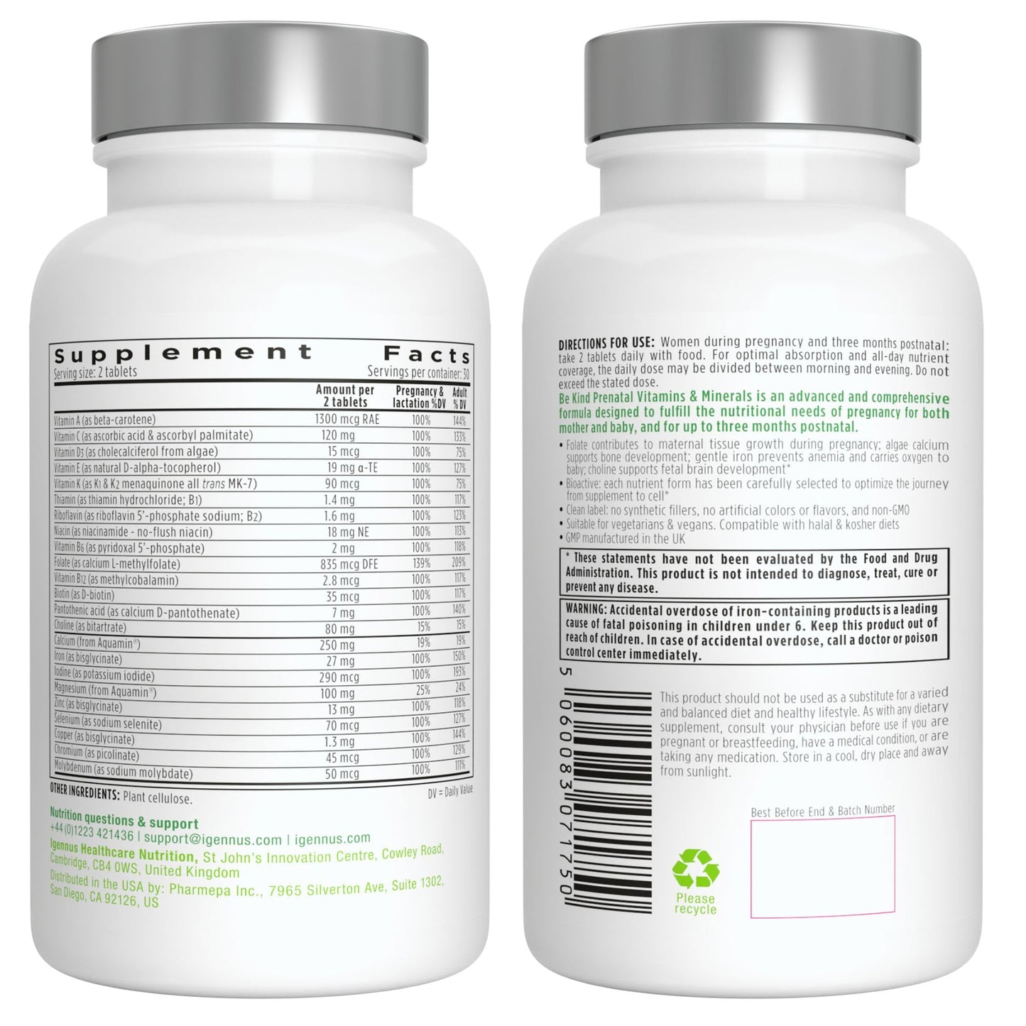 High Absorption Methylated Prenatal Multivitamin, Clean Label with Gentle Iron and Folic Acid Igennus Healthcare Nutrition