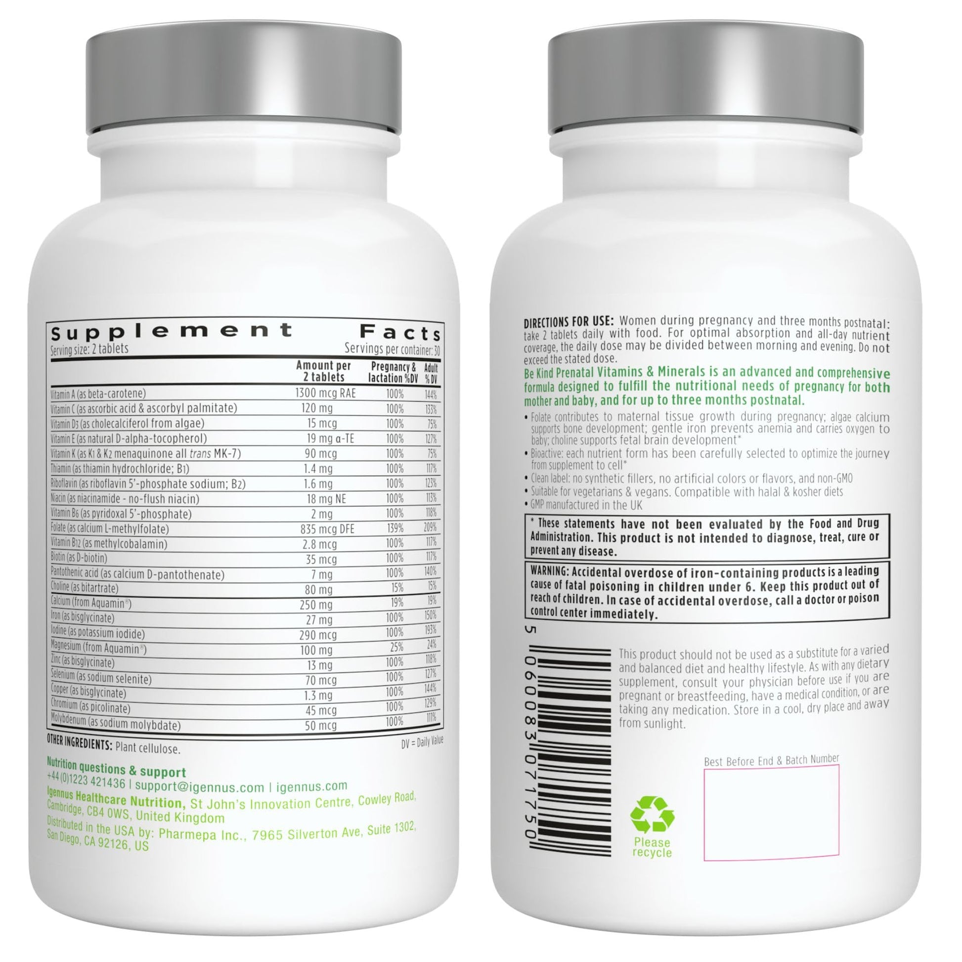 High Absorption Methylated Prenatal Multivitamin, Clean Label with Gentle Iron and Folic Acid Igennus Healthcare Nutrition