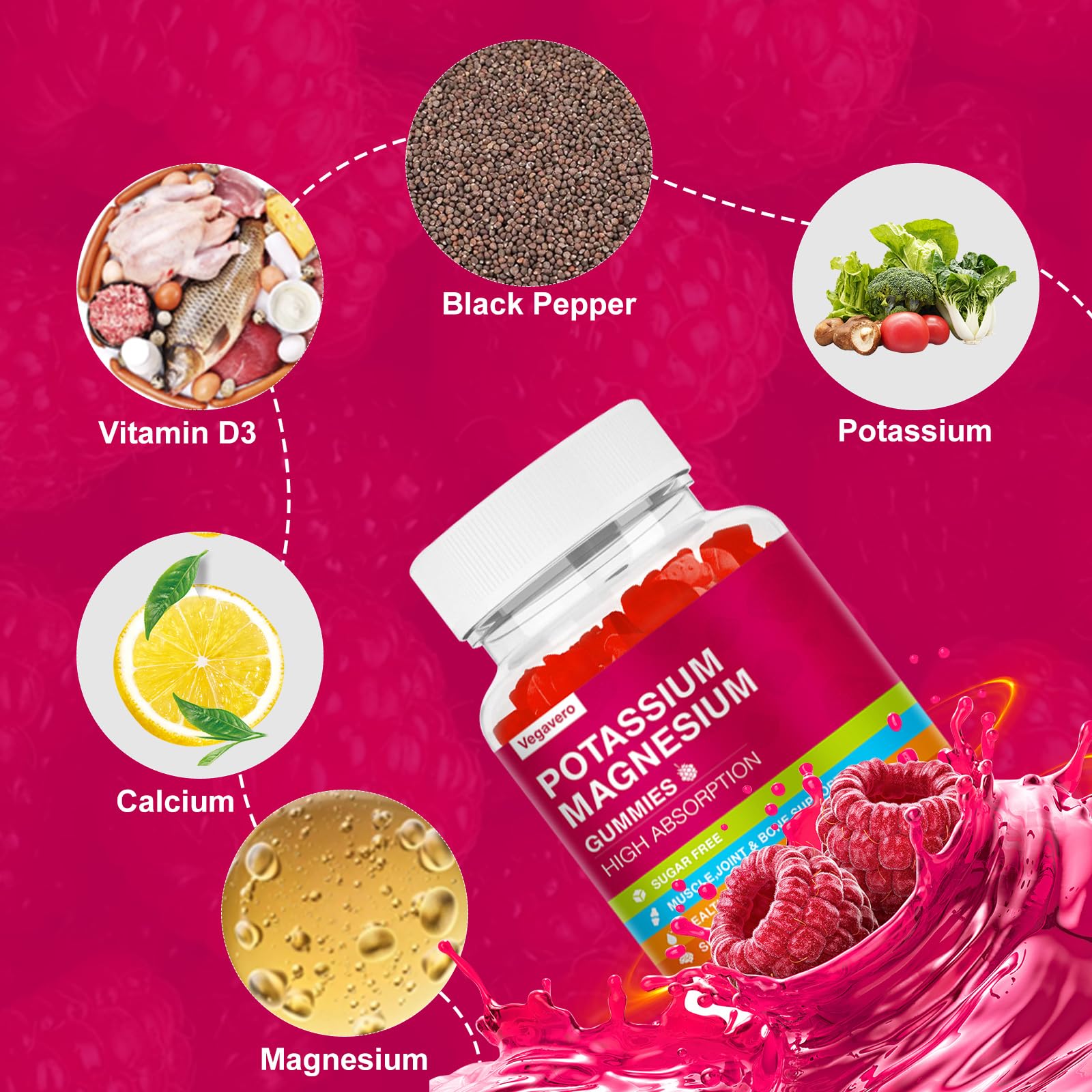 Potassium Magnesium Gummies - High Absorption Magnesium Glycinate & Potassium Citrate Plus Coenzyme Q10, DHA, D3, Mineral & Calcium for Zzz, Leg Cramps & Muscle - 60 Raspberry Gummies VegaveroBuy Supplements Australia
