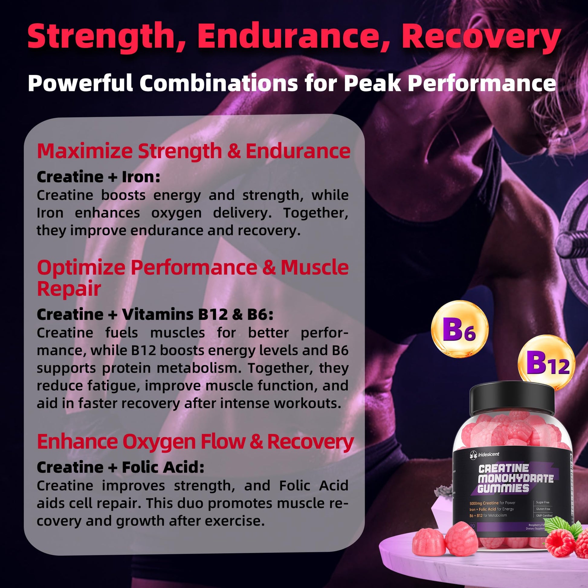 IRIDESICENT Creatine Monohydrate Gummies 5000mg w/Iron, Vitamin B6 & B12, Sugar Free 5g Creatine Supplements for Women and Men Boost Energy & Muscle Recovery - 90 Raspberry Gummies IRIDESICENTBuy Supplements Australia
