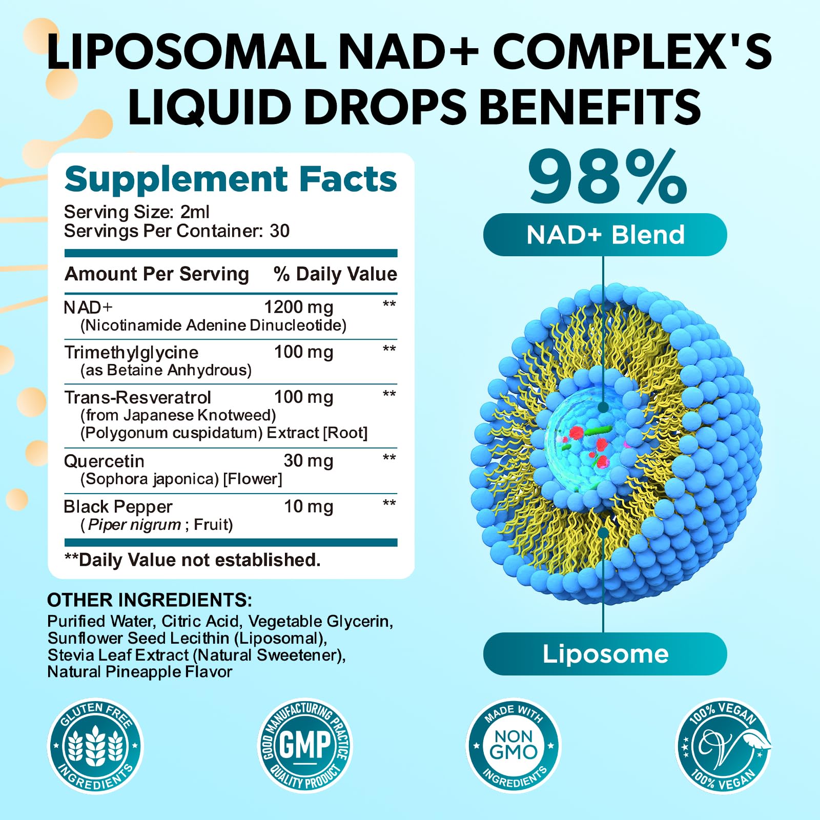 GZ HAOYUAN NAD Liquid Supplement for Women, Liposomal NAD+ Drops 1200MG with NAD Plus Resveratrol, Tmg, Quercetin, Anti-Aging, Cell Regeneration, Energy & Metabolism Support, Pineapple Flavor GZ HAOYUANBuy Supplements Australia