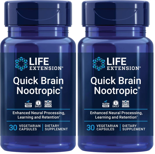 Two bottles of Life Extension Quick Brain Nootropic supplement on a white background