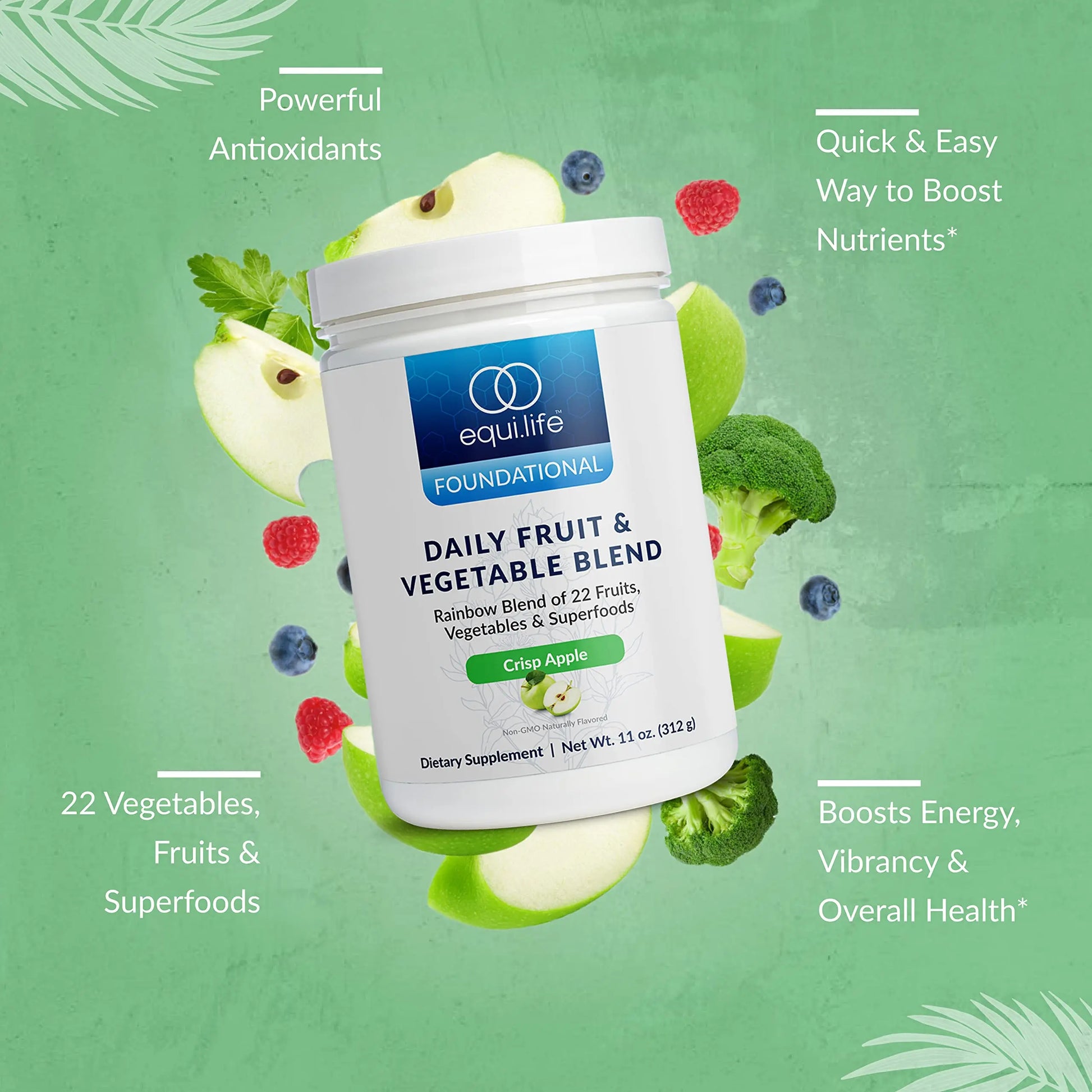 Equilife Daily Fruit & Vegetable Blend, Superfood Antioxidant Supplement, Crisp Apple Flavor with Vitamin C, Fiber, and 9 Essential Amino Acids, Supports Energy, Low Sugar, Vegan, 30 Servings Tub Equilife buy supplements Au