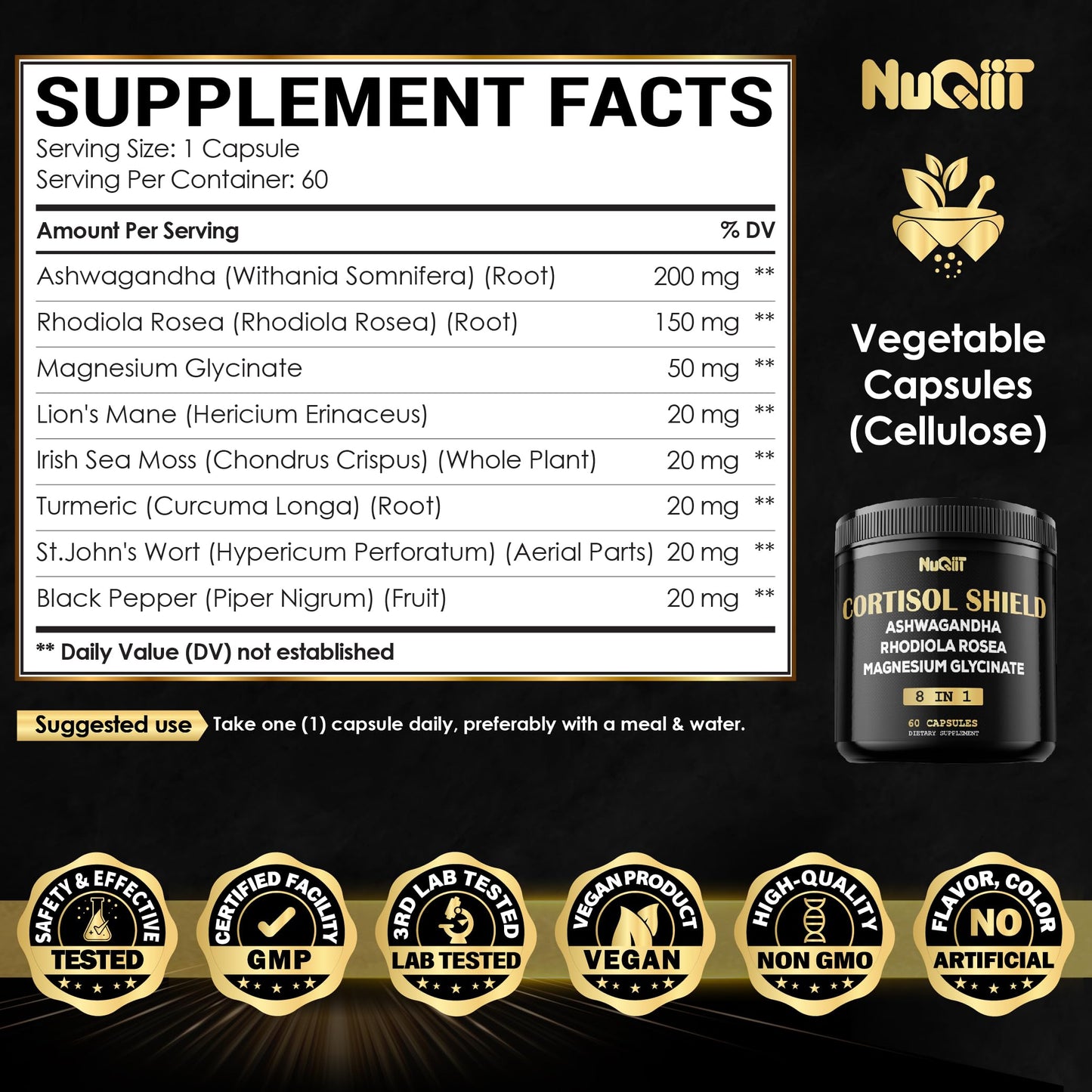 8in1 Cortisol Shield - Ashwagandha and Magnesium, Rhodiola Rosea, Lions Mane, Sea Moss, Turmeric, St Jonh's Wort - Mind& Mood Balance, Rest Well, Support Immume - 60 Capsules NUQIITBuy Supplements Australia