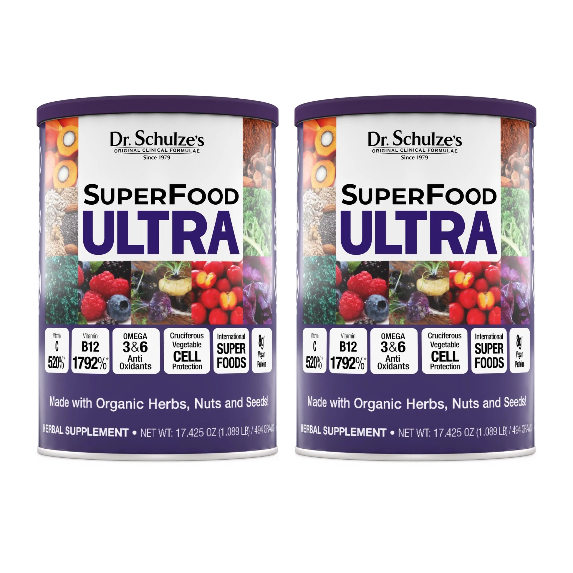 Two cans of Dr. Schulze's SuperFood Ultra on a white background