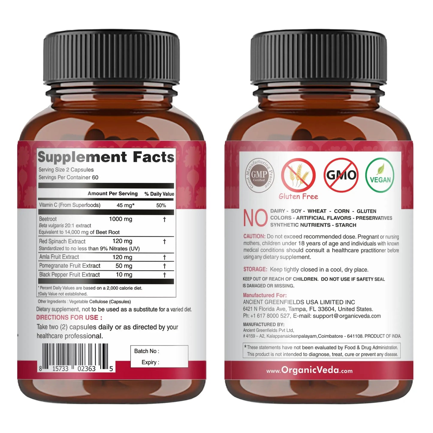 Organic Veda Beet Root Capsules - Triple Reds Nitric Oxide Beets Supplements - Concentrated Organic Veda