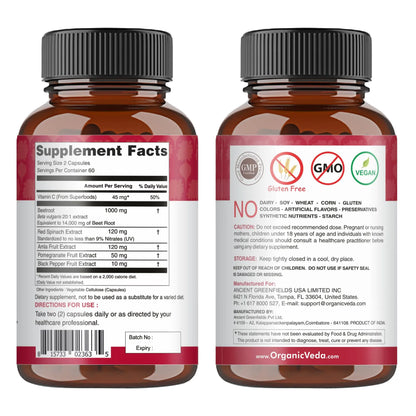 Organic Veda Beet Root Capsules - Triple Reds Nitric Oxide Beets Supplements - Concentrated Organic Veda