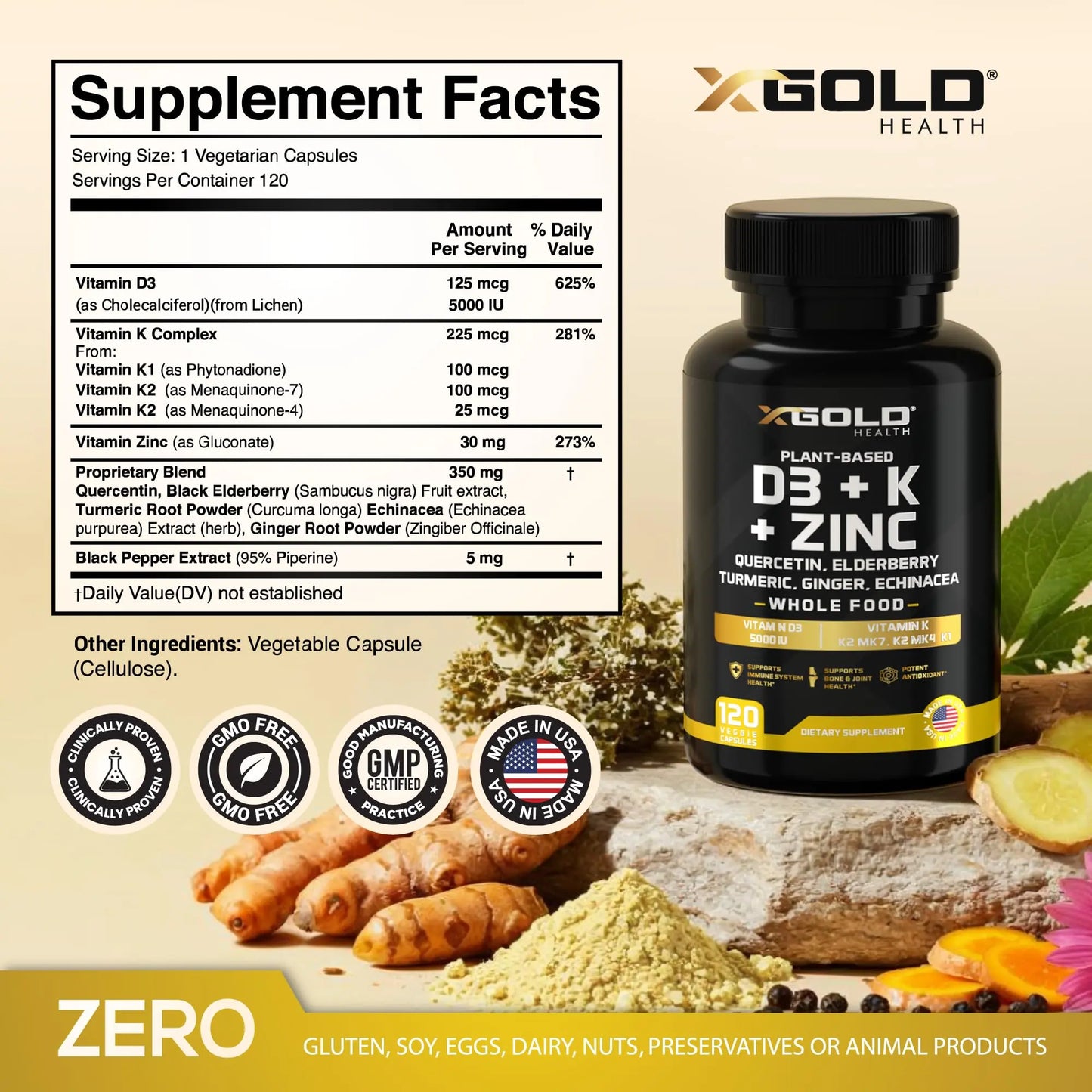 Vitamin D, K2, K1, Zinc, Quercetin, Elderberry, Turmeric, Ginger & Echinacea Whole Food Supplement 8 in 1- D3 5000 IU Plant-Based from Lichen, Vitamin K (K2 MK7, MK4, K1) X Gold Health