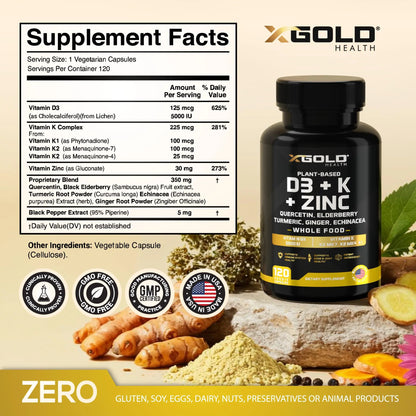 Vitamin D, K2, K1, Zinc, Quercetin, Elderberry, Turmeric, Ginger & Echinacea Whole Food Supplement 8 in 1- D3 5000 IU Plant-Based from Lichen, Vitamin K (K2 MK7, MK4, K1) X Gold Health