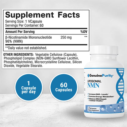 GenuinePurity - 250mg Liposomal NMN Supplement - 60 Vegan Capsules to Support NAD+ Production, Cellular Energy & Healthy Aging - Nicotinamide Mononucleotide for Metabolic Wellness & Immune Support GenuinePurityBuy Supplements Australia