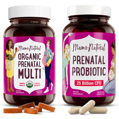 Premium Prenatal Bundle of 2 - Organic Prenatal Multi & Natural Probiotics - Essential Nutrition for Women Mama Natural
