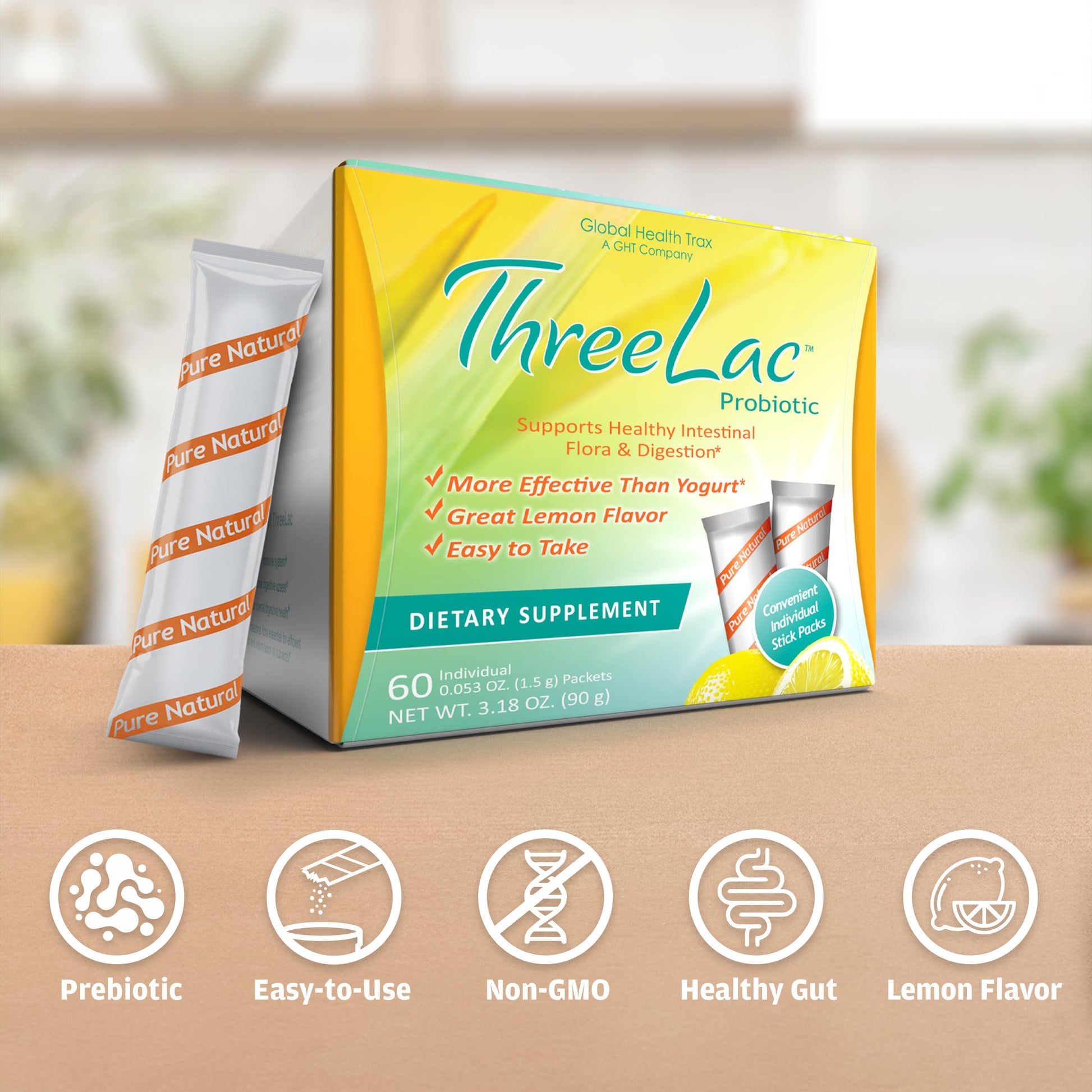 Global Health Trax ThreeLac Lemon Probiotic Drink Mix for Digestive Health - Advanced Probiotic Powder Formula for Men, Women, and Kids - Immune Support & Gut Balance, Non-GMO - 180 Packets ght Global Health TraxBuy Supplements Australia