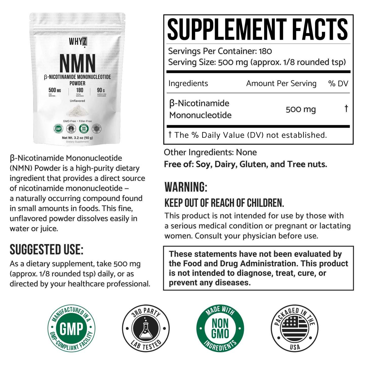 Pure NMN Powder Nicotinamide Mononucleotide Quick Dissolved NMN Supplement Powder 100% Unflavored NMN Supplement Supports NAD+ Levels Vegan Friendly Non-GMO, 90g WHYZBuy Supplements Australia