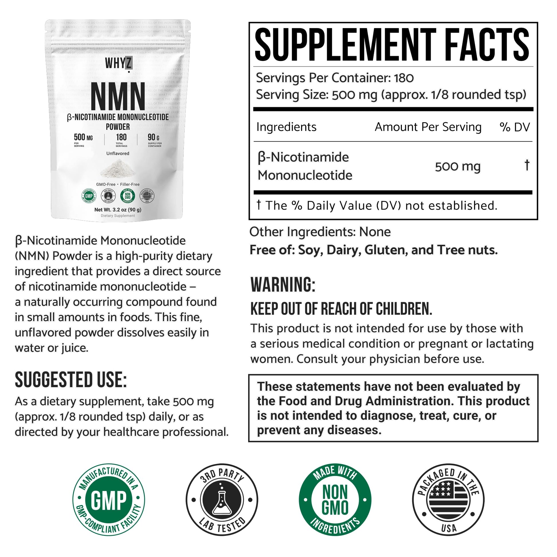 Pure NMN Powder Nicotinamide Mononucleotide Quick Dissolved NMN Supplement Powder 100% Unflavored NMN Supplement Supports NAD+ Levels Vegan Friendly Non-GMO, 90g WHYZBuy Supplements Australia