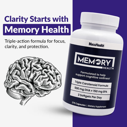 Memory Health Softgels with Omega-3, Carotenoids, and Vitamin E – Designed for Mental Focus, Energy, and Enhanced Clarity - (270 Softgels, 90 Days Supply)
