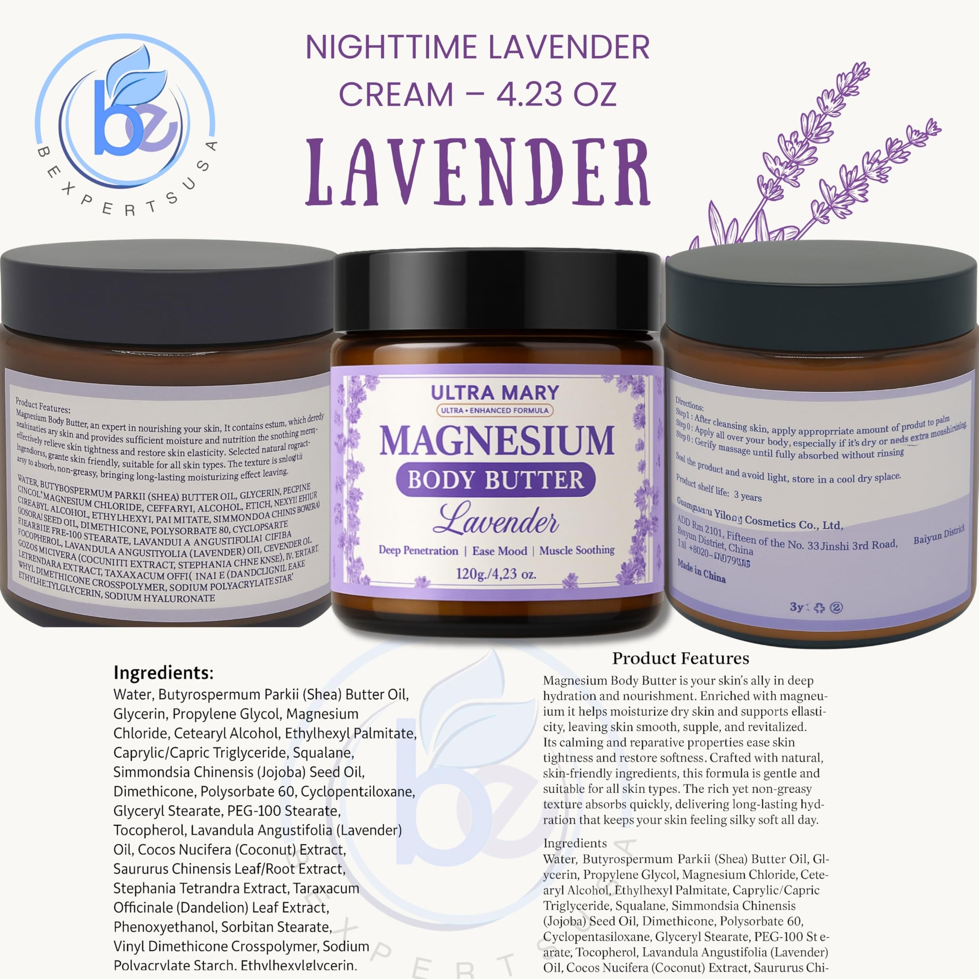 Nighttime Magnesium Cream for Pain, Nerve & Leg Cramps - Magnesium Body Butter for Sleep with Shea Butter, Jojoba Oil, Coconut Extract & Dandelion - Lavender Magnesium Lotion for Kids - 4.23oz ULTRA MARYBuy Supplements Australia