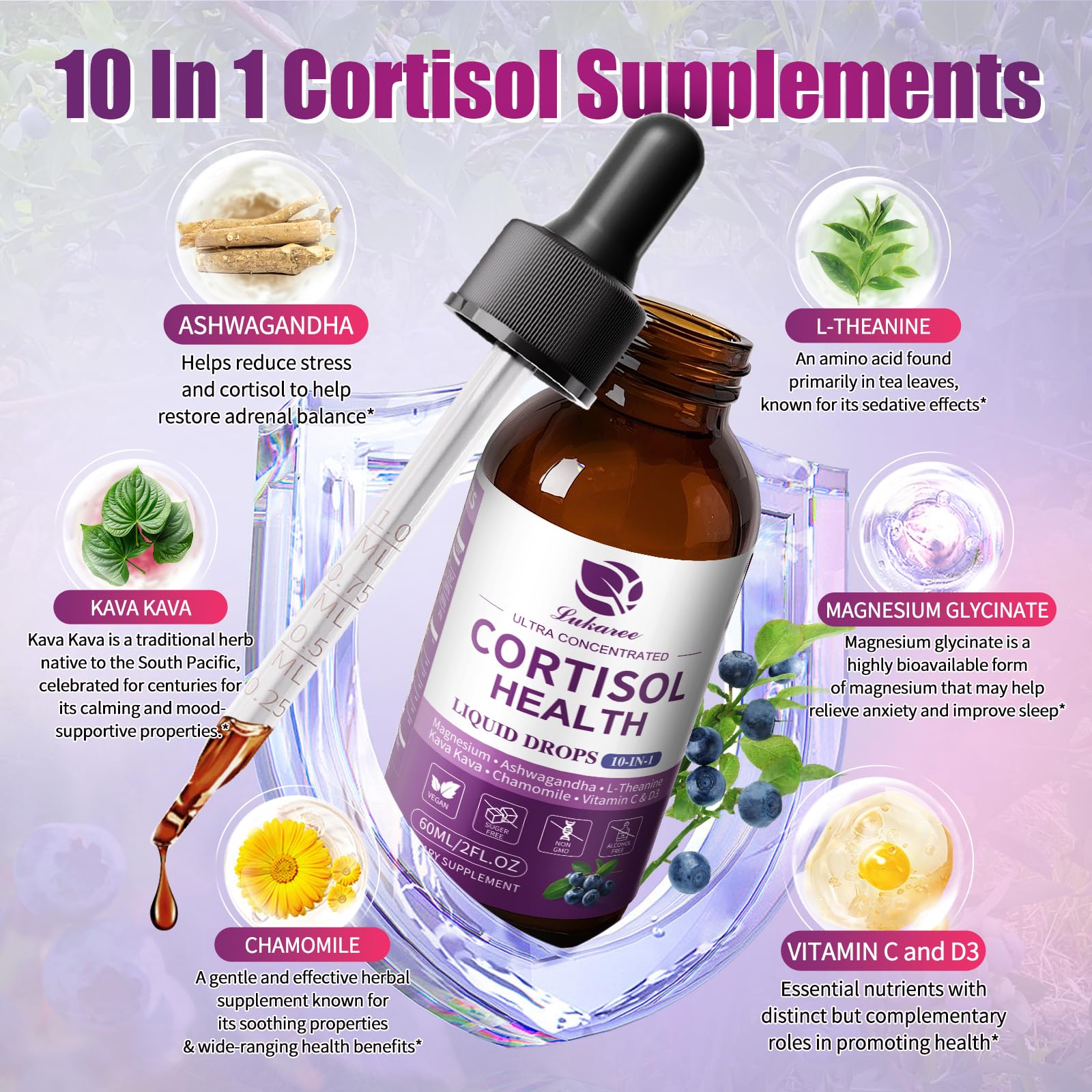 Lukaree Cortisol Supplements for Women, 10 in 1 Cortisol Reducer Detox with Ashwagandha, L-theanine, Kava Kava, Magnesium, Lower Cortisol, Mood, Focus, Sleep Support - 2 FL.OZ, Blueberry Flavor LukareeBuy Supplements Australia