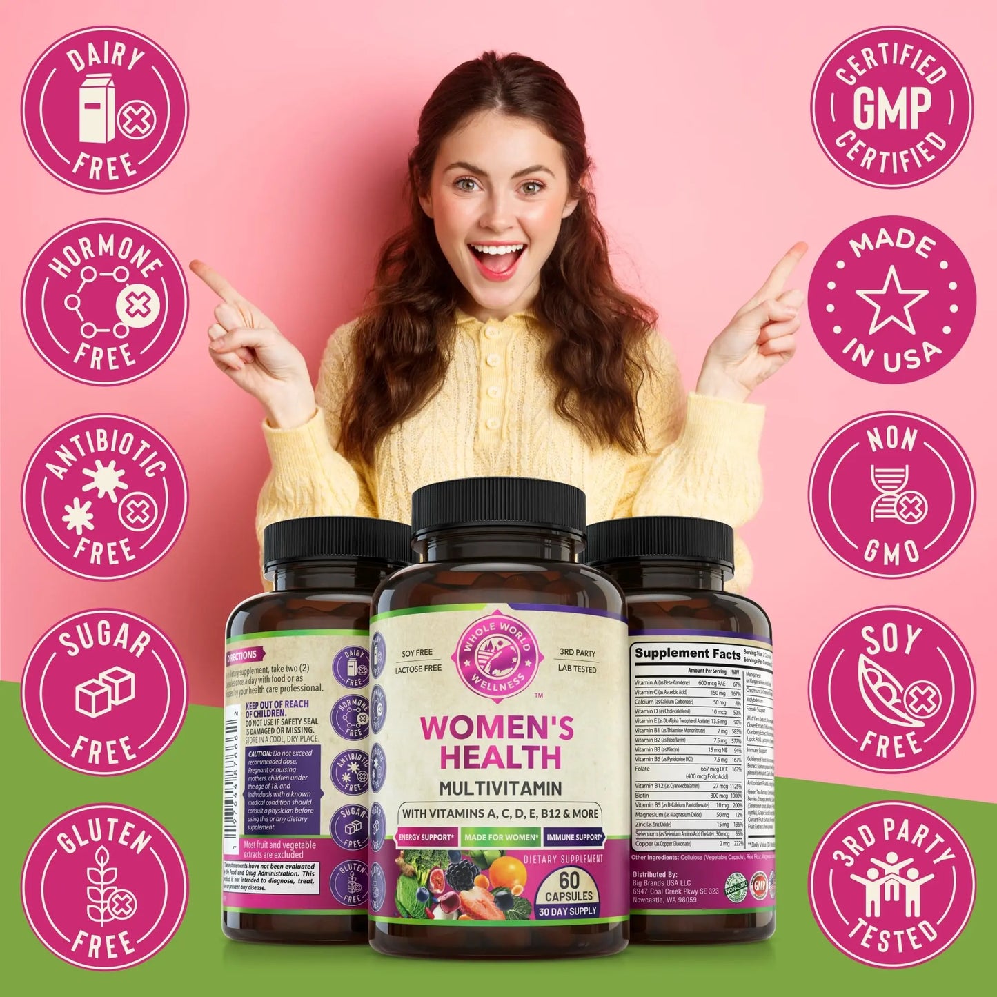 Womens Daily Multivitamins & Multimineral Supplement for Energy, Mood, Focus, Hair WHOLE WORLD WELLNESS