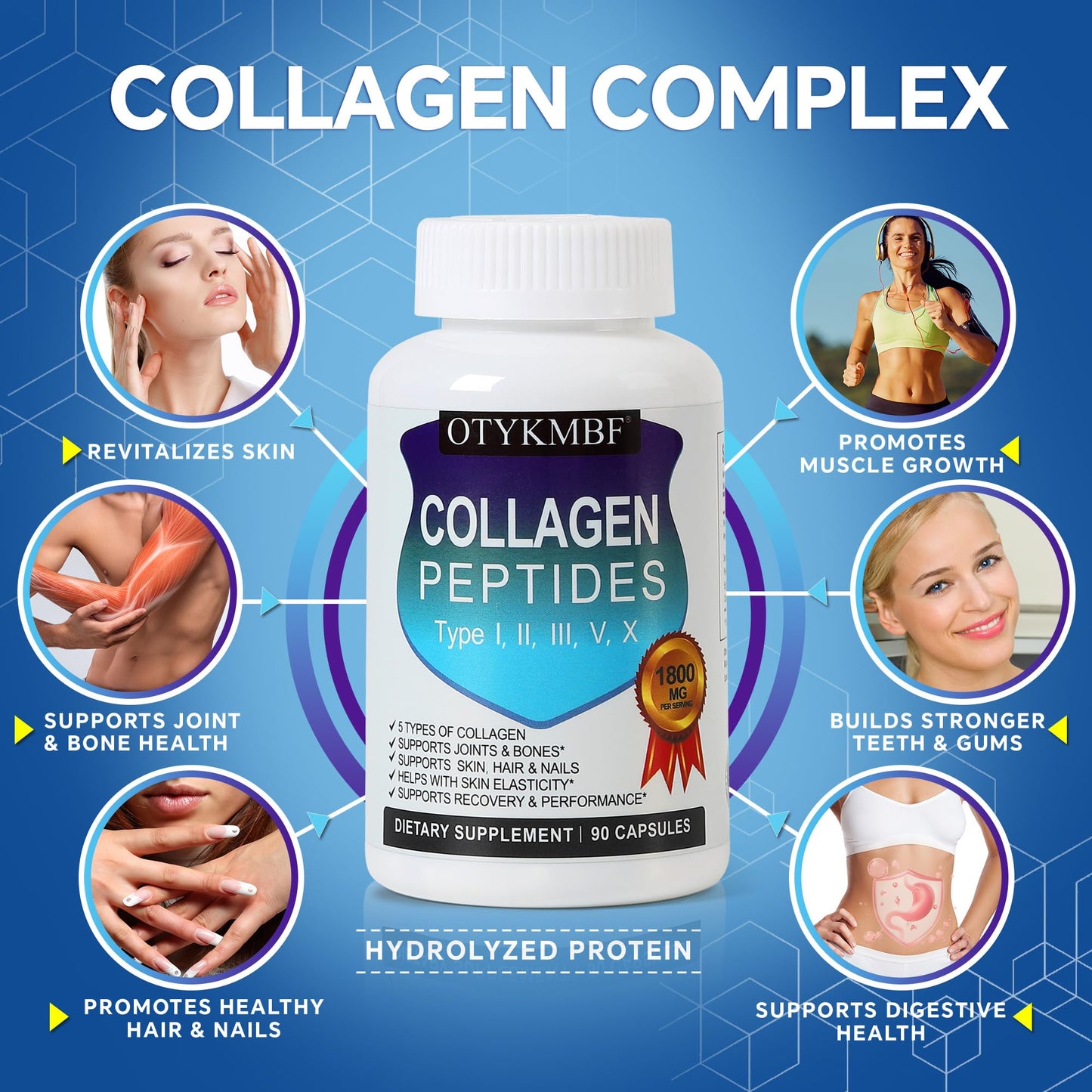 OTYKMBF Multi Collagen Peptides Pills 1800mg, Type I, II, III, V, X - Hydrolyzed Premium Collagen Complex Supports Skin, Joints, Hair & Nails, Hydrolyzed Protein for Women Men, 90 Capsules OTYKMBFBuy Supplements Australia