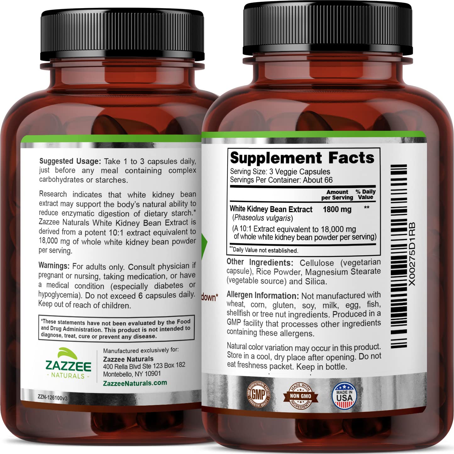 Zazzee White Kidney Bean 10:1 Extract, 18,000 mg Strength, 200 Vegan Capsules, Over 2 Month Supply Zazzee