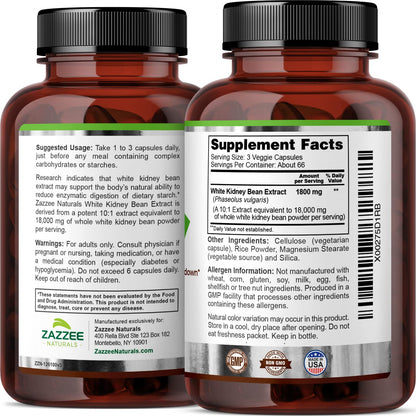 Zazzee White Kidney Bean 10:1 Extract, 18,000 mg Strength, 200 Vegan Capsules, Over 2 Month Supply Zazzee