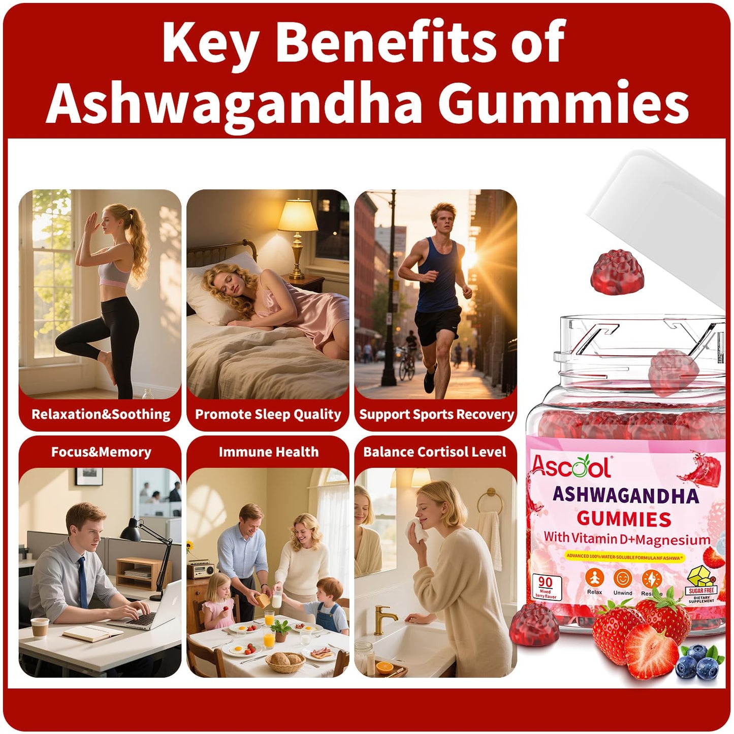 Ascool Ashwagandha Gummies for Stress Support & Relaxation with Magnesium + Vitamin D – 90 Count Sugar-Free, Vegan Ashwa Supplements AscoolBuy Supplements Australia