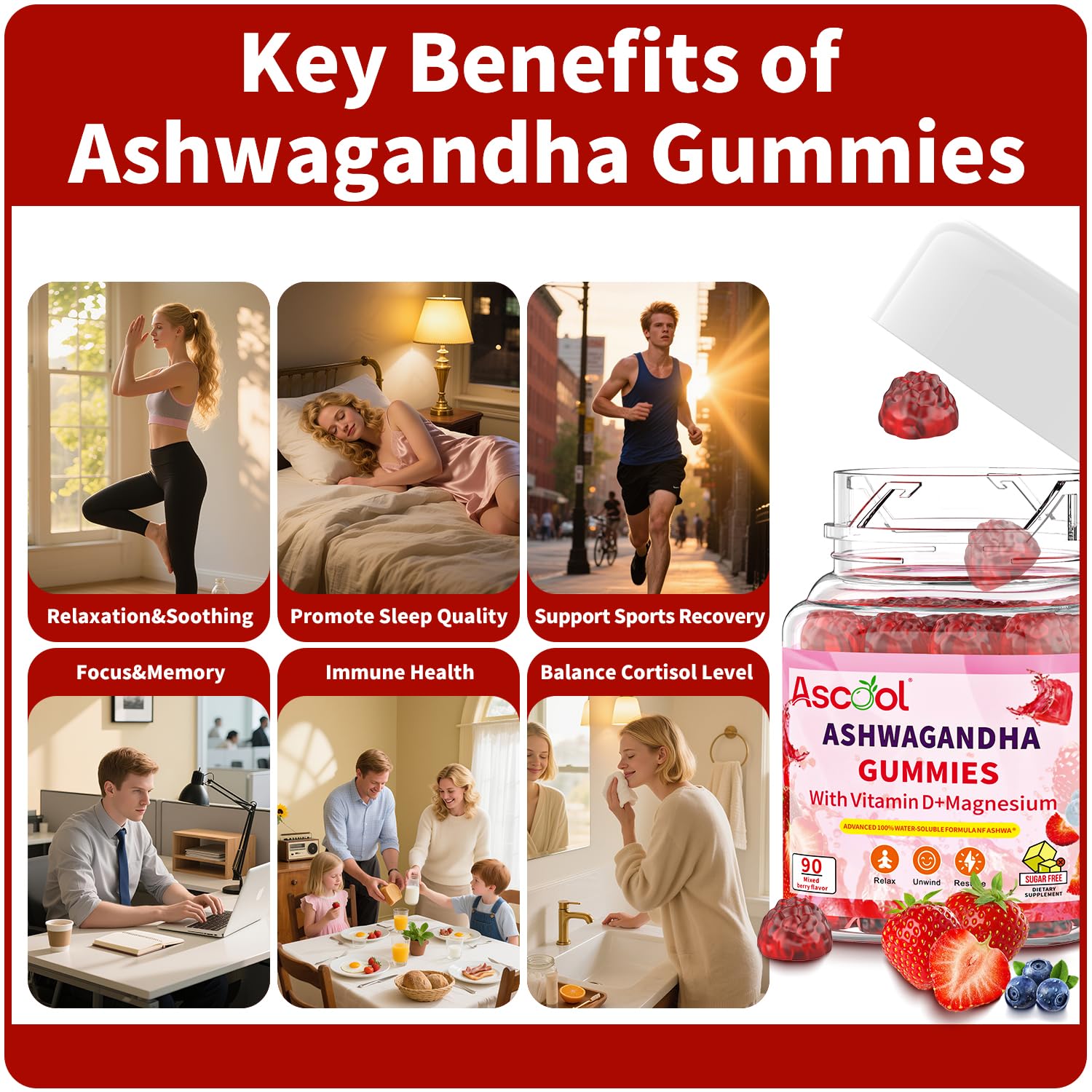 Ascool Ashwagandha Gummies for Stress Support & Relaxation with Magnesium + Vitamin D – 90 Count Sugar-Free, Vegan Ashwa Supplements AscoolBuy Supplements Australia