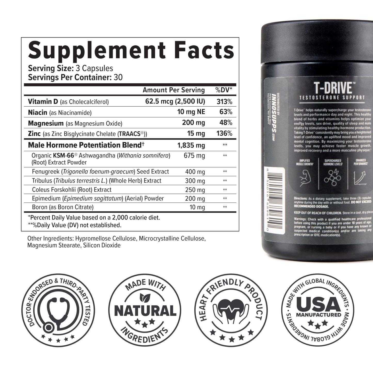 InnoSupps T-Drive Testosterone Booster Enhance Performance Amplify Muscle Growth, Increase Libido & Energy Levels w/KSM-66 Ashwagandha, Magnesium, Vitamin D, Niacin Boron, Fenugreek, 90 Caps, 30 Days InnoSuppsBuy Supplements Australia