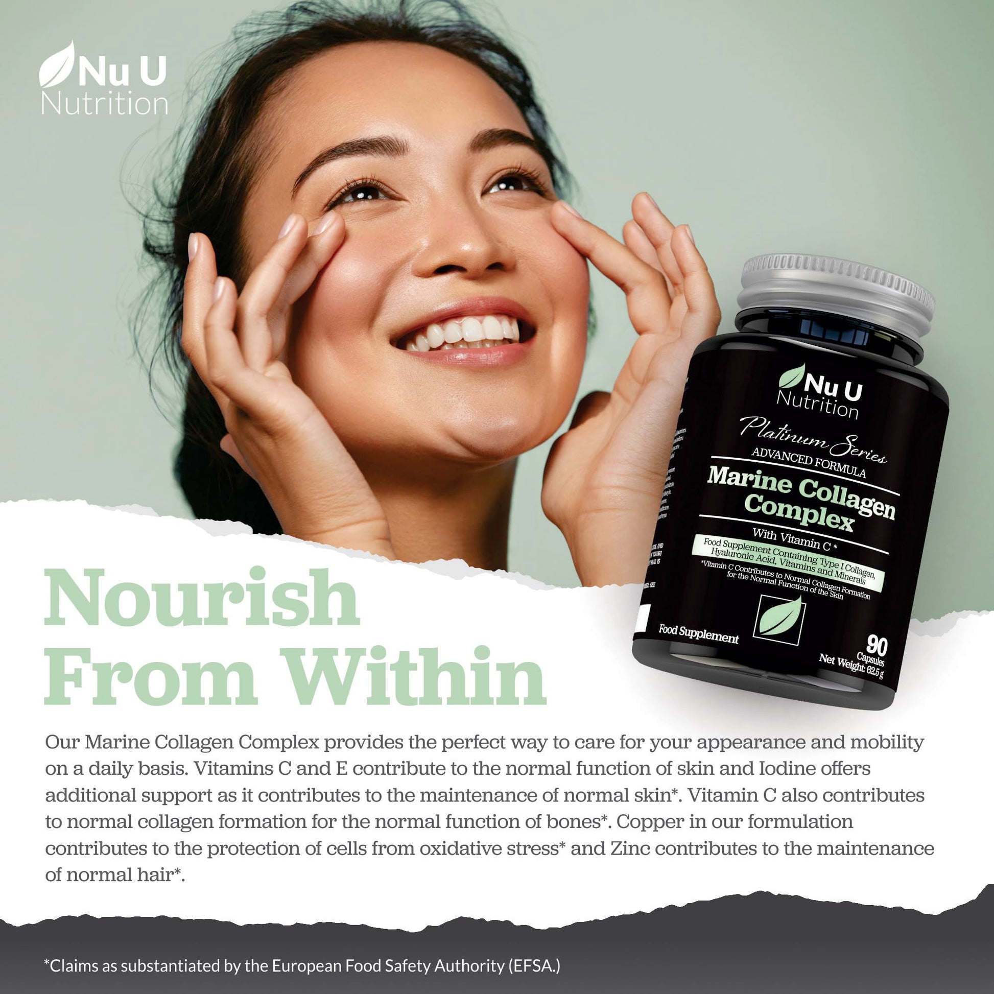 Marine Collagen with Hyaluronic Acid, Vitamin C - 90 Hydrolysed Capsules (not Tablets Nu U NutritionBuy Supplements Australia