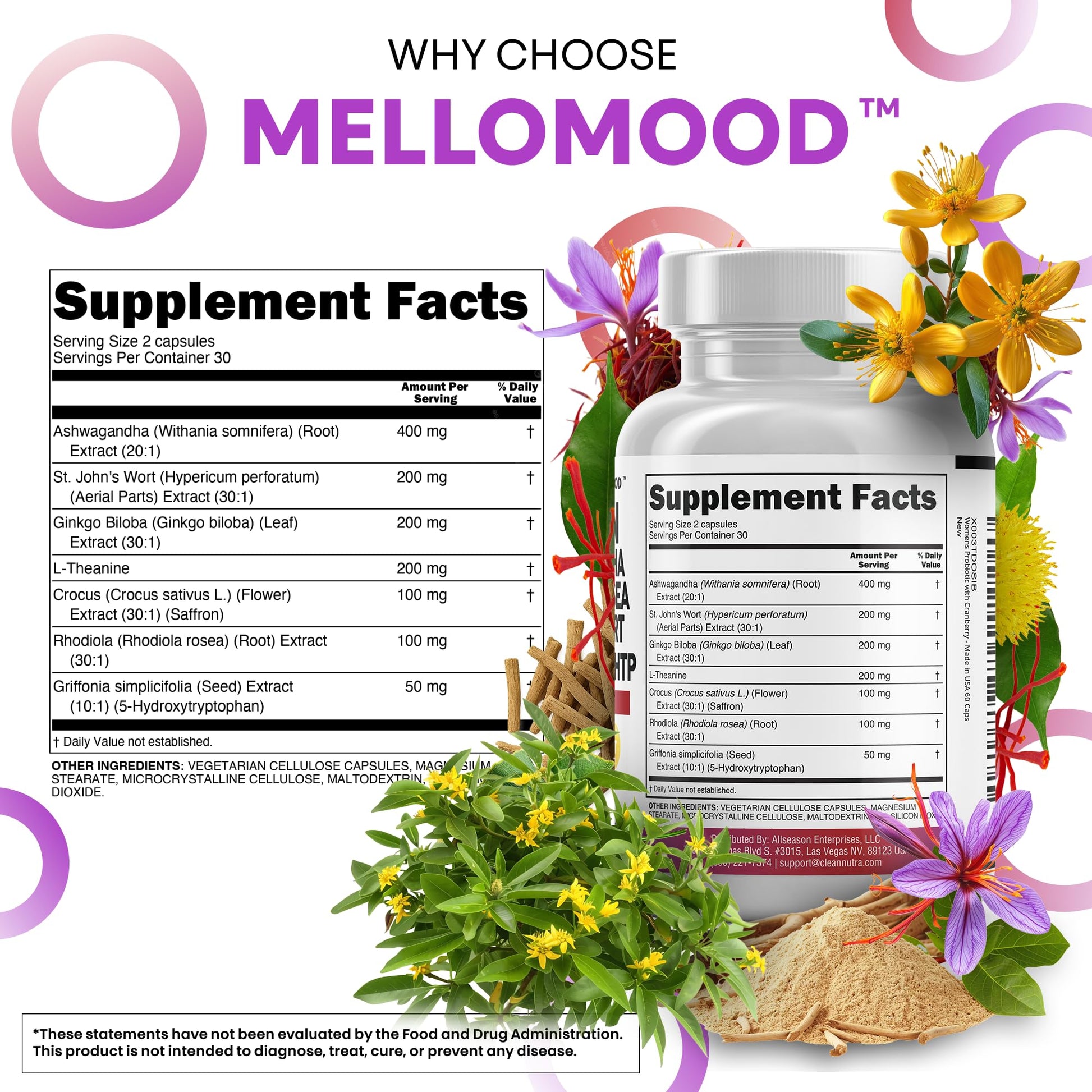 Clean Nutraceuticals Saffron Supplements Extract 100mg + Ashwagandha L-Theanine 200mg - Mood Support Ginkgo Biloba, St. John's Wort, Rhodiola Rosea & 5-HTP Capsules Pills Men Women Clean Nutraceuticals buy supplements Au