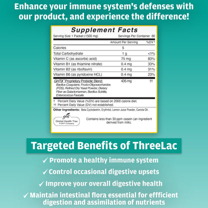 Global Health Trax ThreeLac Lemon Probiotic Drink Mix for Digestive Health - Advanced Probiotic Powder Formula for Men, Women, and Kids - Immune Support & Gut Balance, Non-GMO - 120 Packets ght Global Health TraxBuy Supplements Australia