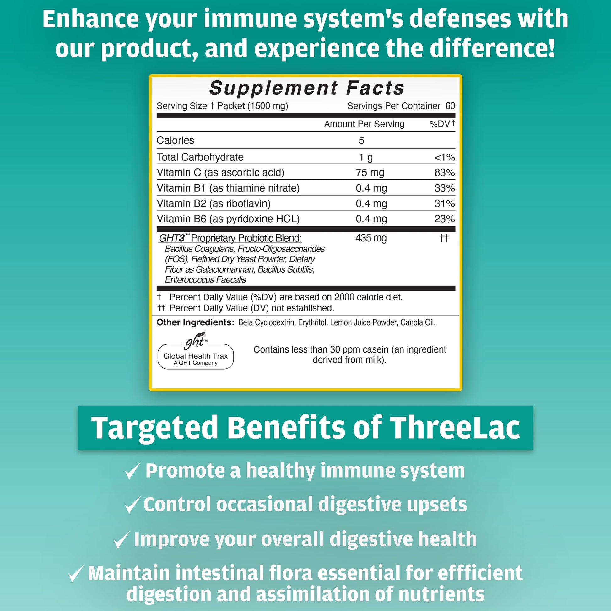 GHT - ThreeLac Lemon Probiotic Drink Mix for Digestive Health - Advanced Probiotic Powder Formula for Men, Women, and Kids - Immune Support & Gut Balance, Non-GMO - 240 Packets ght Global Health TraxBuy Supplements Australia