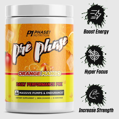 Pre Phase Daily Driver Orange Mango Pre Workout with 325mg Caffeine, Vitamin B12 Phase One Nutrition