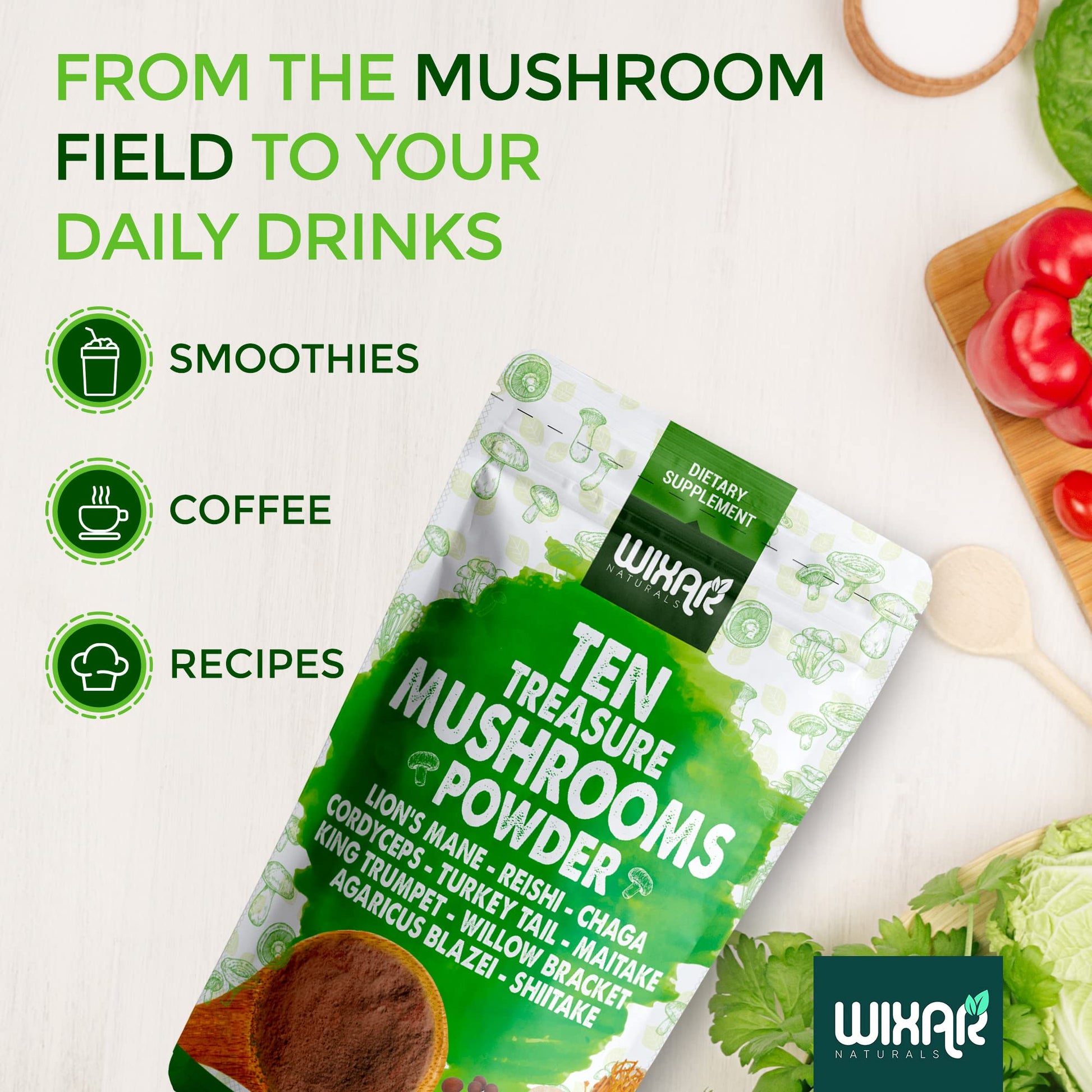 Wixar Mushroom Powder - Ten Treasure Mushrooms Extract Supplement Blend for Coffee WIXAR NATURALS