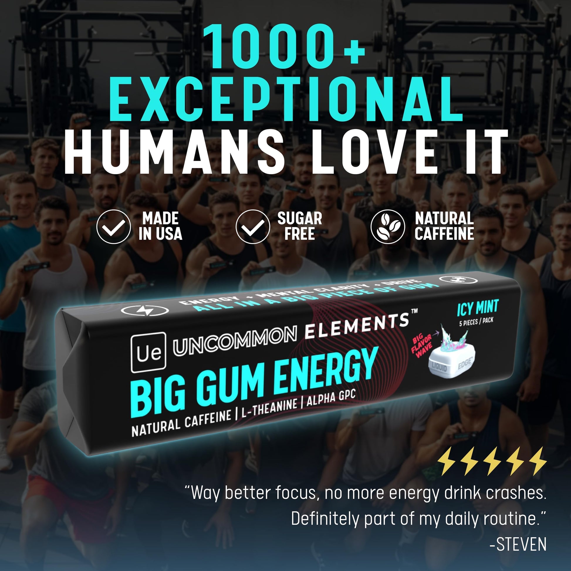 BIG GUM ENERGY & FOCUS – 80mg Caffeine + 40mg L-Theanine + 80mg Alpha GPC – Nootropic Chewing Gum for Focus, Energy & Execution – Icy Mint – 25 Pieces (5 Packs) Gym & Work Execution. UNCOMMON ELEMENTSBuy Supplements Australia