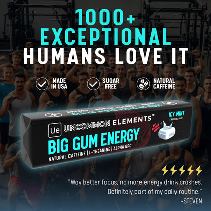 BIG GUM ENERGY & FOCUS – 80mg Caffeine + 40mg L-Theanine + 80mg Alpha GPC – Nootropic Chewing Gum for Focus, Energy & Execution – Icy Mint – 25 Pieces (5 Packs) Gym & Work Execution. UNCOMMON ELEMENTSBuy Supplements Australia