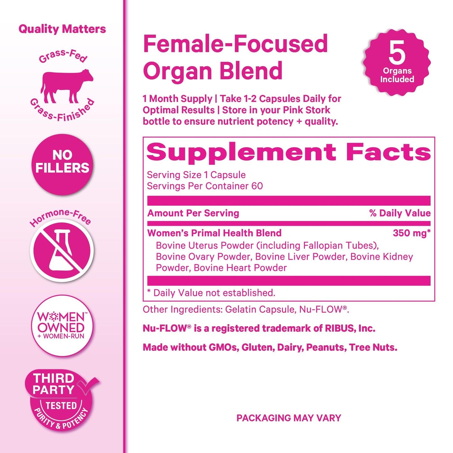 Pink Stork Beef Organ Supplement for Women | Grass-Fed Beef Liver Capsules with Iron, B12, CoQ10, Vitamin A | Primal Multivitamin for Female Hormone + Energy Support | 60 Capsules Pink StorkBuy Supplements Australia