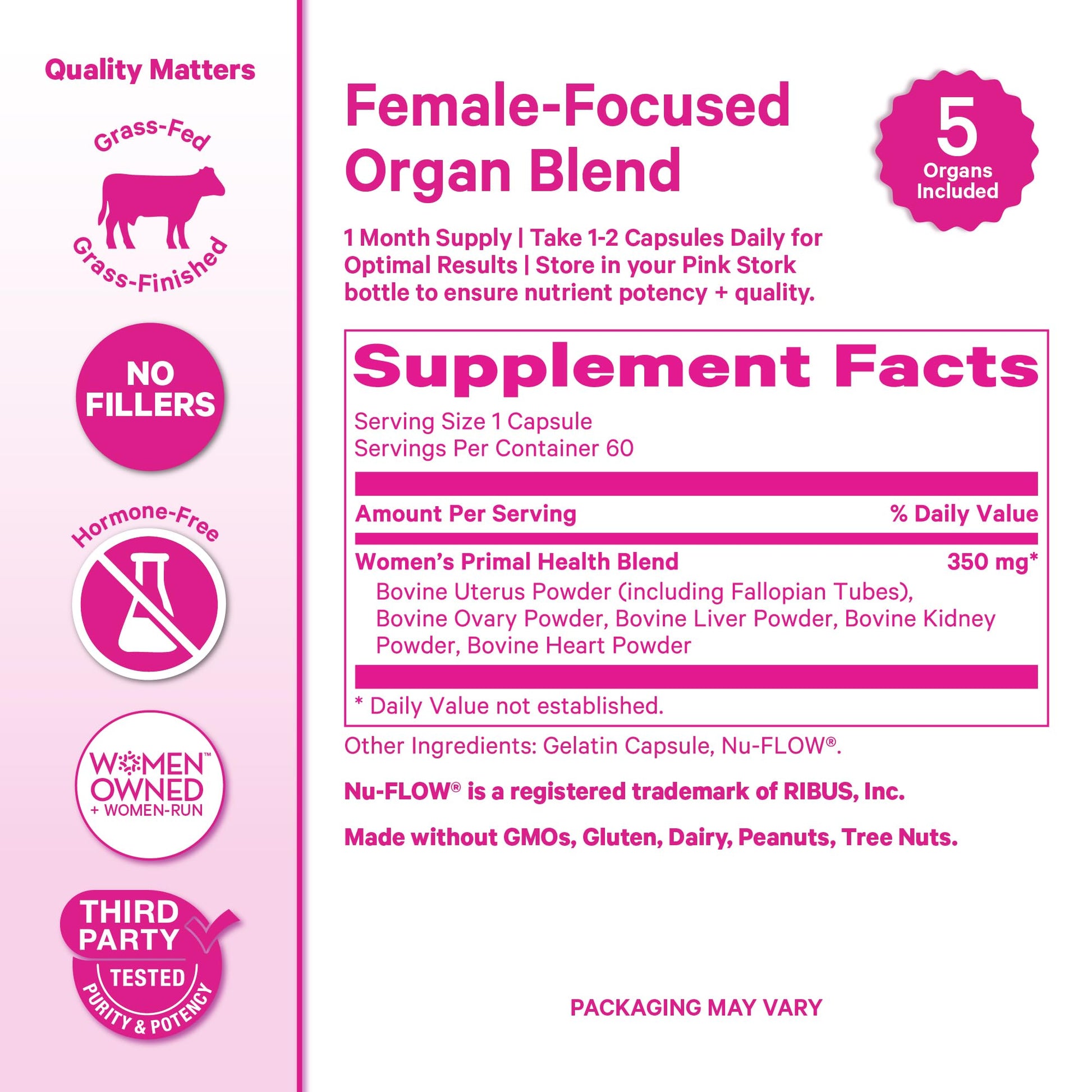 Pink Stork Beef Organ Supplement for Women | Grass-Fed Beef Liver Capsules with Iron, B12, CoQ10, Vitamin A | Primal Multivitamin for Female Hormone + Energy Support | 60 Capsules Pink StorkBuy Supplements Australia
