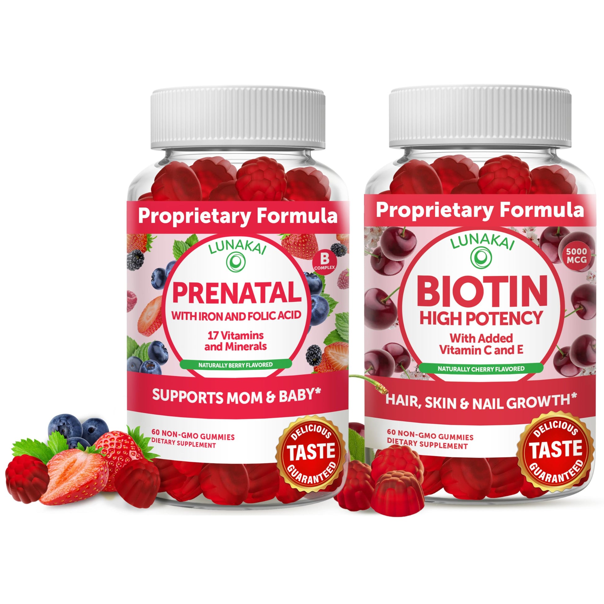 Biotin and Prenatal Bundle - Hair Skin and Nails Gummies with Vitamin C and E - Chewable Multivitamin Lunakai