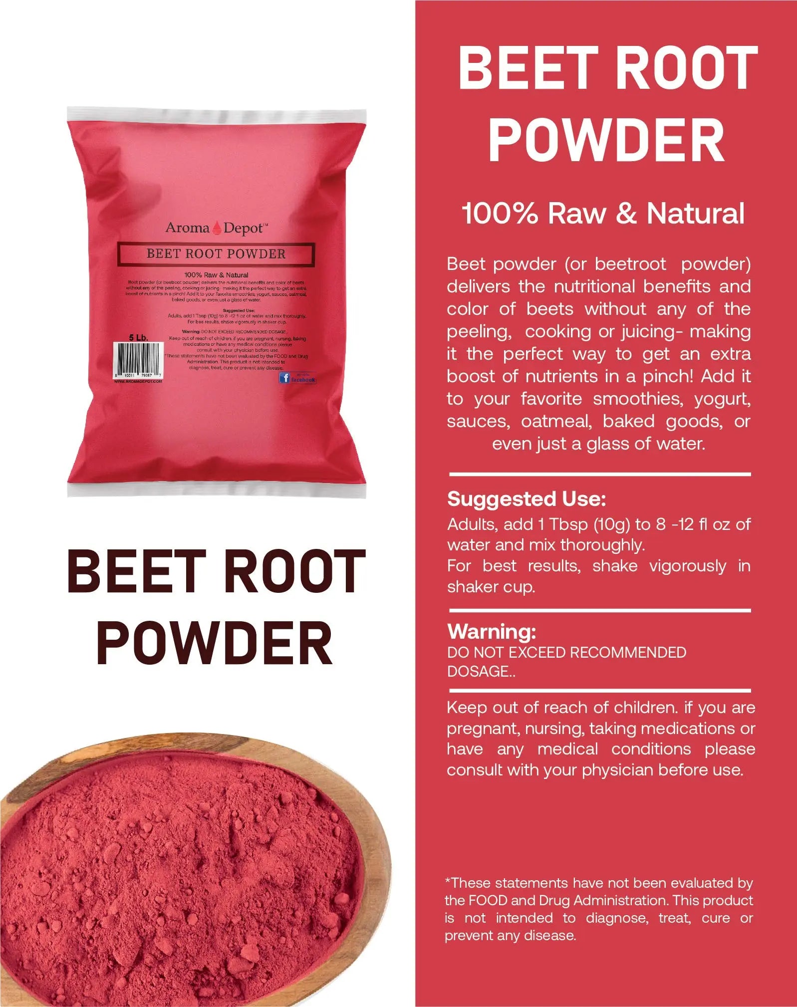 Beet Root Powder 5 lb. by Aroma Depot Raw & Non-GMO I Vegan & Gluten Free I Nitric Oxide Aroma Depot