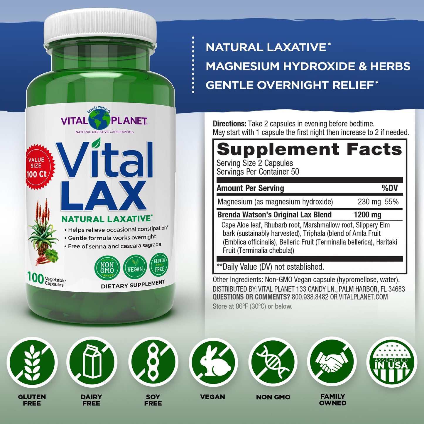 Vital Planet - Vital Lax Natural Laxative Cleanse Supplement for Occasional Constipation, with Magnesium Hydroxide, Slippery Elm, Aloe,