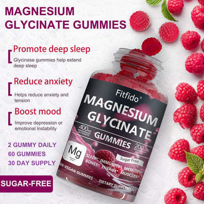 Magnesium Glycinate Gummies 400mg, Chewable Sugar Free Magnesium Supplement with Magnesium Glycinate, Magnesium Malate and Protein for Sleep, Relaxation, Brain & Muscle - Vegan (60 Count, Raspberry) FitfidoBuy Supplements Australia