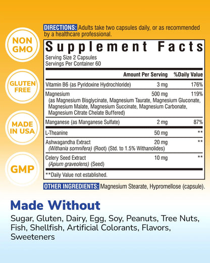 Vitalibre Magnesium Complex Supplement 500mg + Ashwagandha, L-Theanine, Vitamin B6 & Celery, High Absorption Magnesium Glycinate, Citrate, Malate, Sleep & Bone Support, 120 Vegan Capsules Vitalibre buy supplements Au