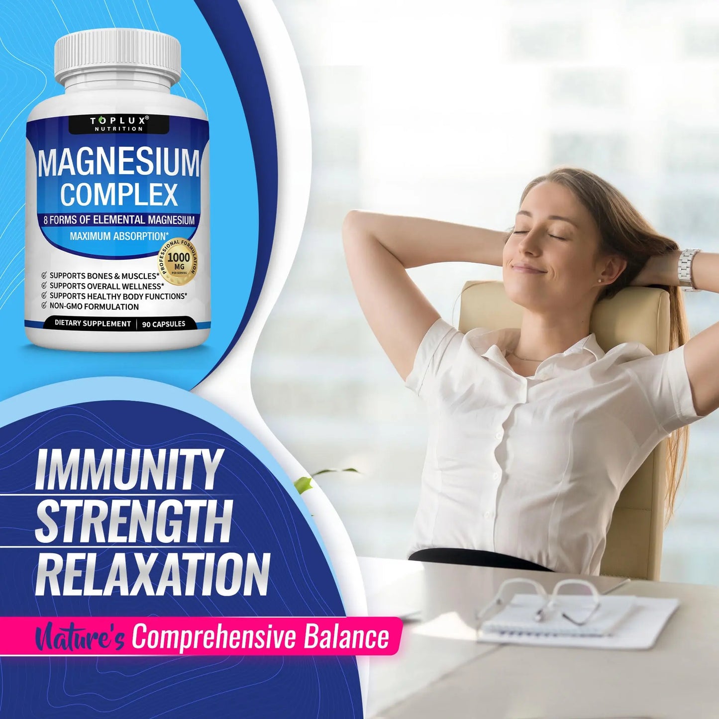 Magnesium Complex Supplement 8 Elemental 1000mg - Magnesium Glycinate, Citrate, Malate, Taurate, Chelated for Easy Absorption for Bones, Muscle, Recovery, Energy, Vegan Non-GMO 90 Capsules Toplux buy supplements Au