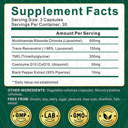 NBOOCUP NAD Supplement - 1010mg Nicotinamide Riboside Chloride Complex, Liposomal NR Supplements, Resveratrol NAD+ for Anti Aging, Cellular Energy, Skin, Focus - 90 Capsules NBOOCUPBuy Supplements Australia