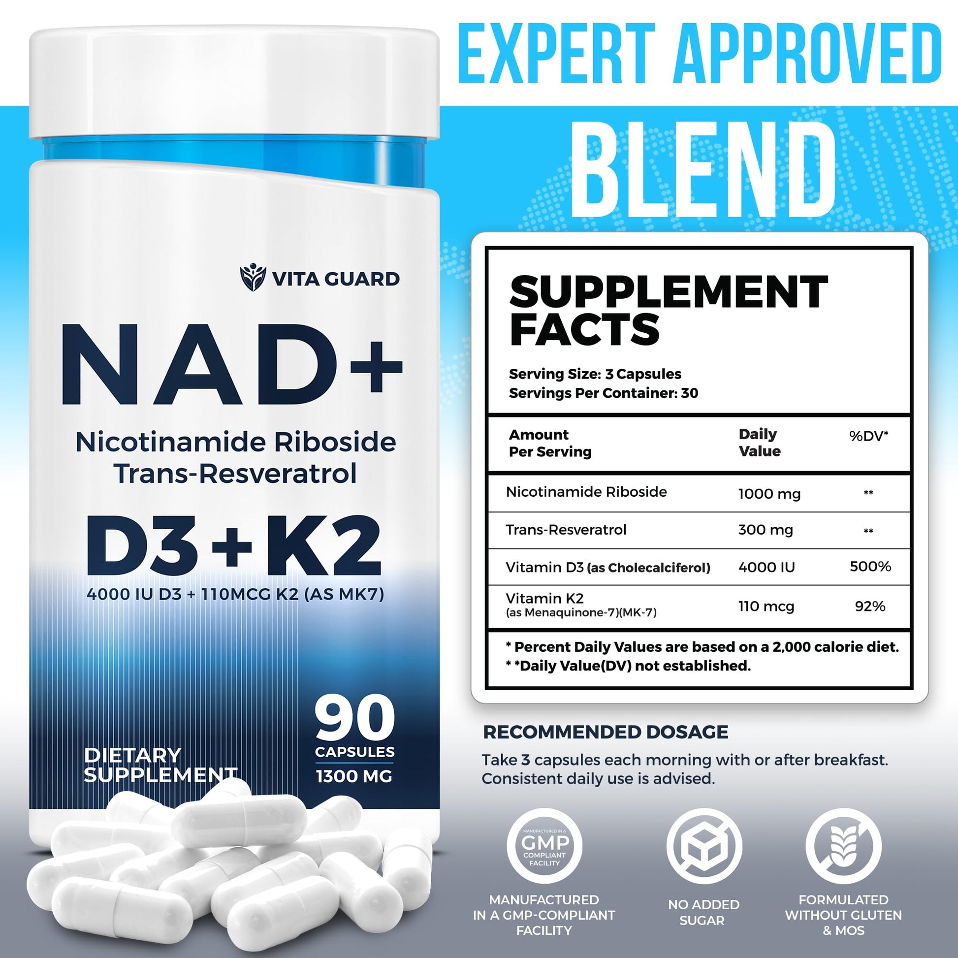 Anti-Aging Energy NAD Supplement – NMN Alternative with Nicotinamide Riboside 1000mg, Trans-Resveratrol 300mg, Vitamin D3 4000 IU and K2 110 mcg MK7 – Vegetarian 60 Capsules, 1300mg Vita GuardBuy Supplements Australia